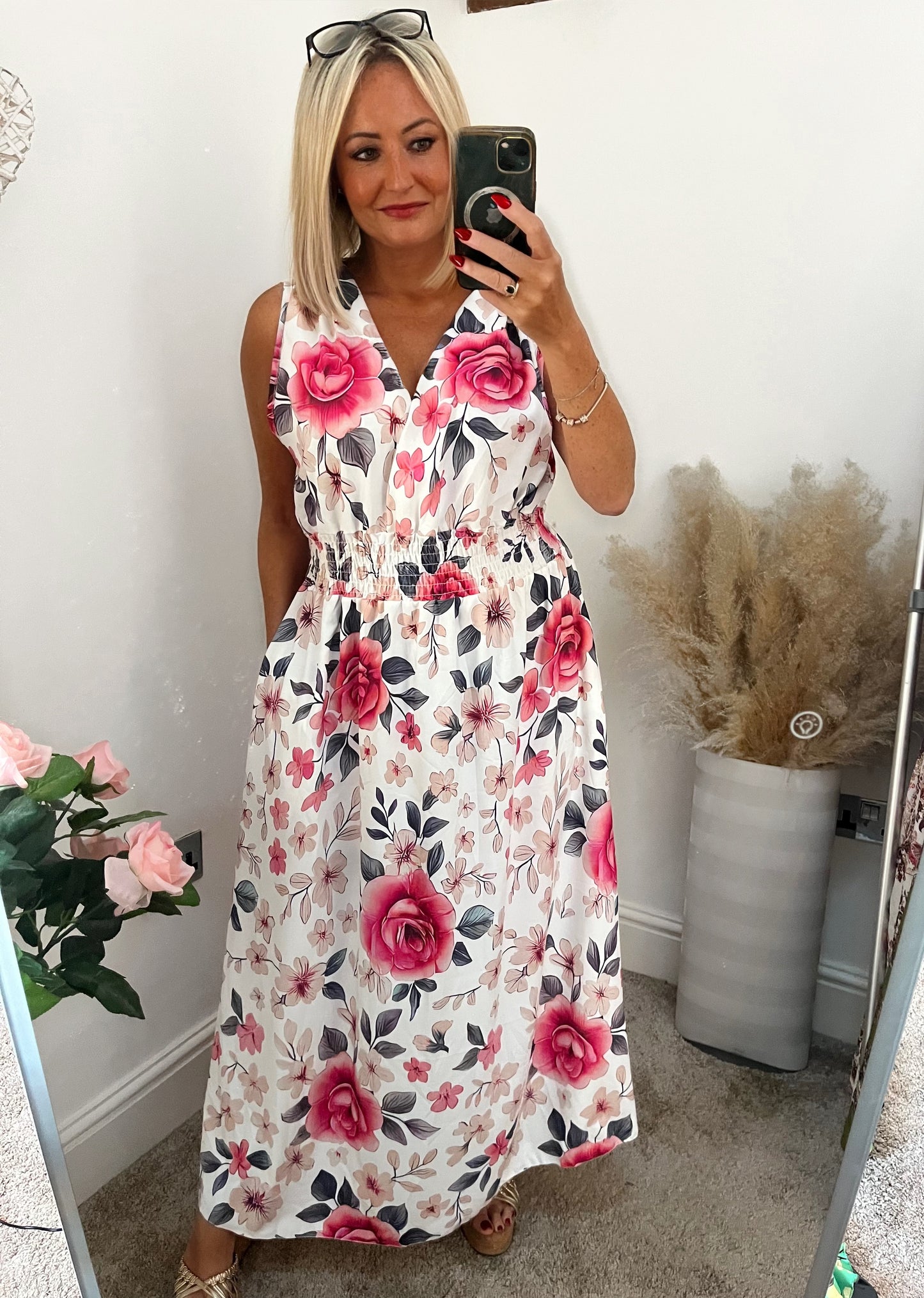 Plus Size Floral Maxi Shirred Waist - White