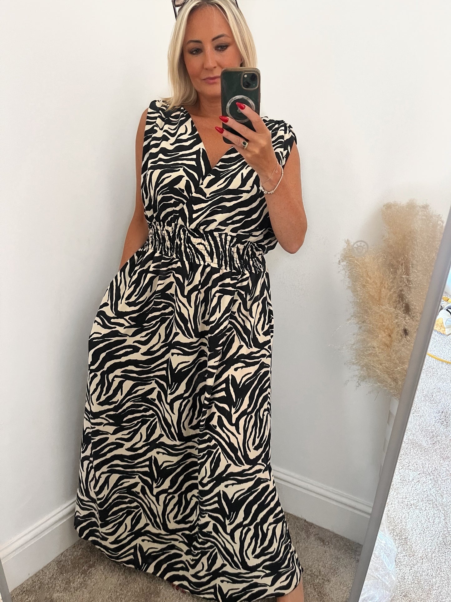 Plus Size Zebra Maxi Shirred Waist Dress Black/Cream