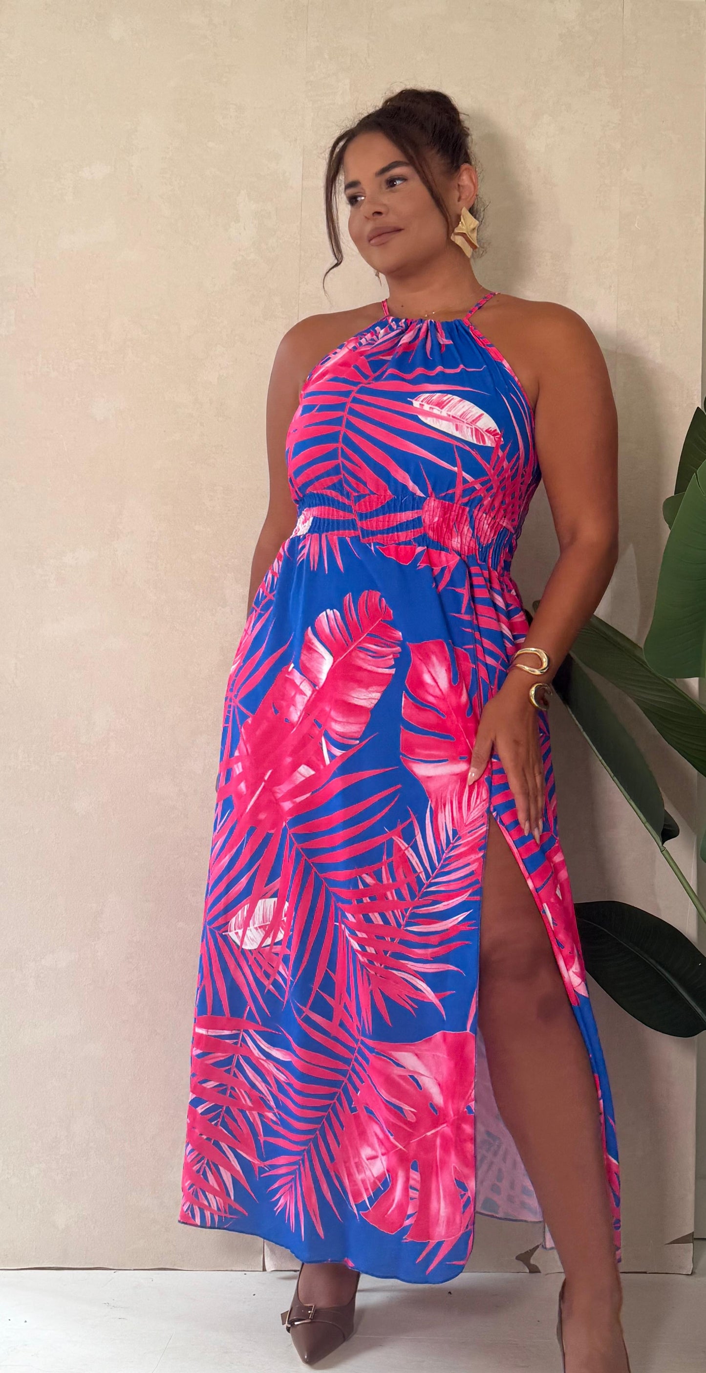 Fuschia Leaf Print Side Split Maxi Dress