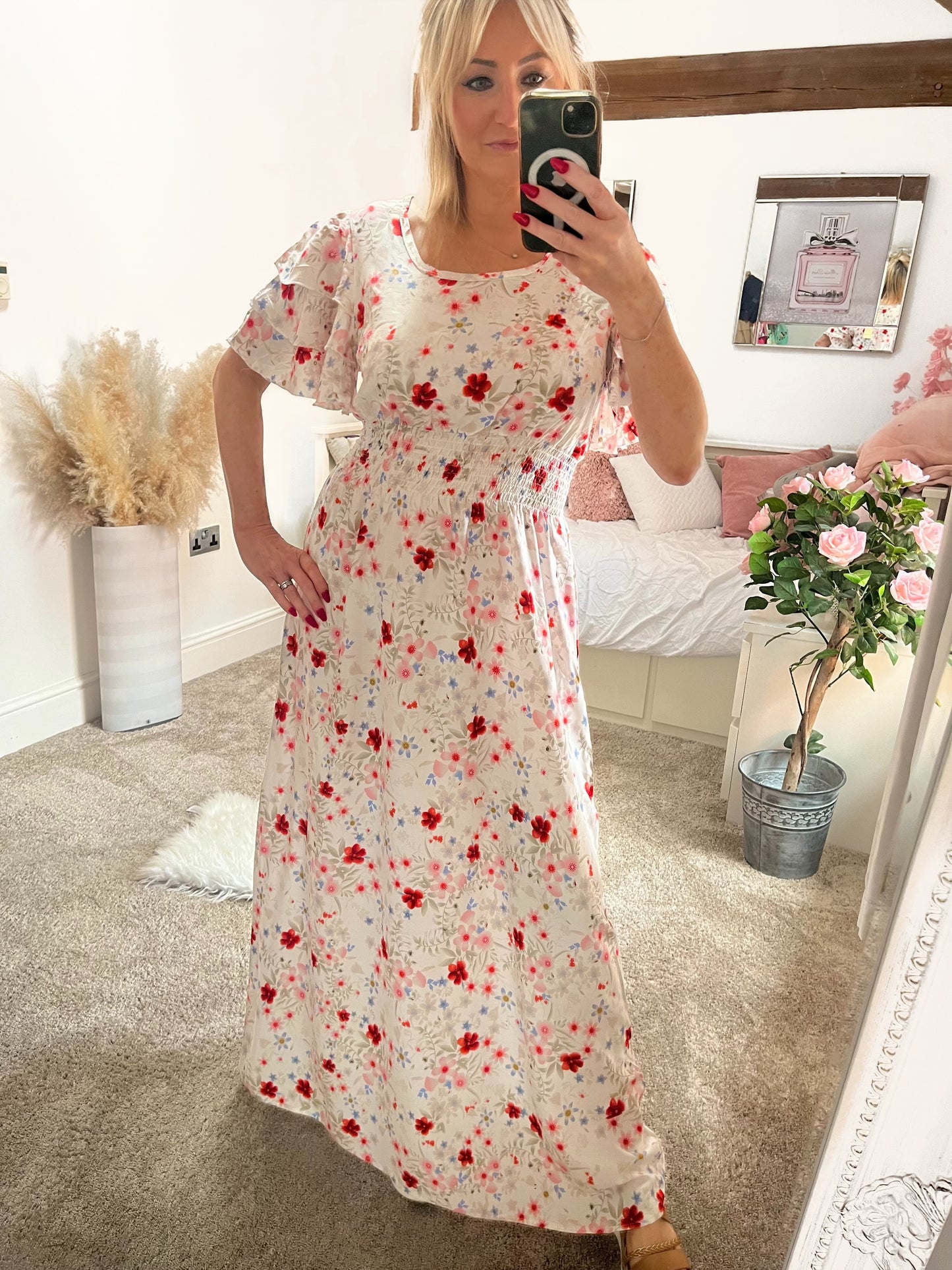 Shirred Waist Maxi Dress with Frill Sleeves - White/Red Floral
