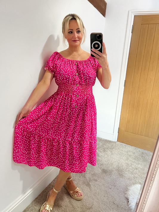 Shirred Waist Magic Dress - Polka Dot Hot Pink