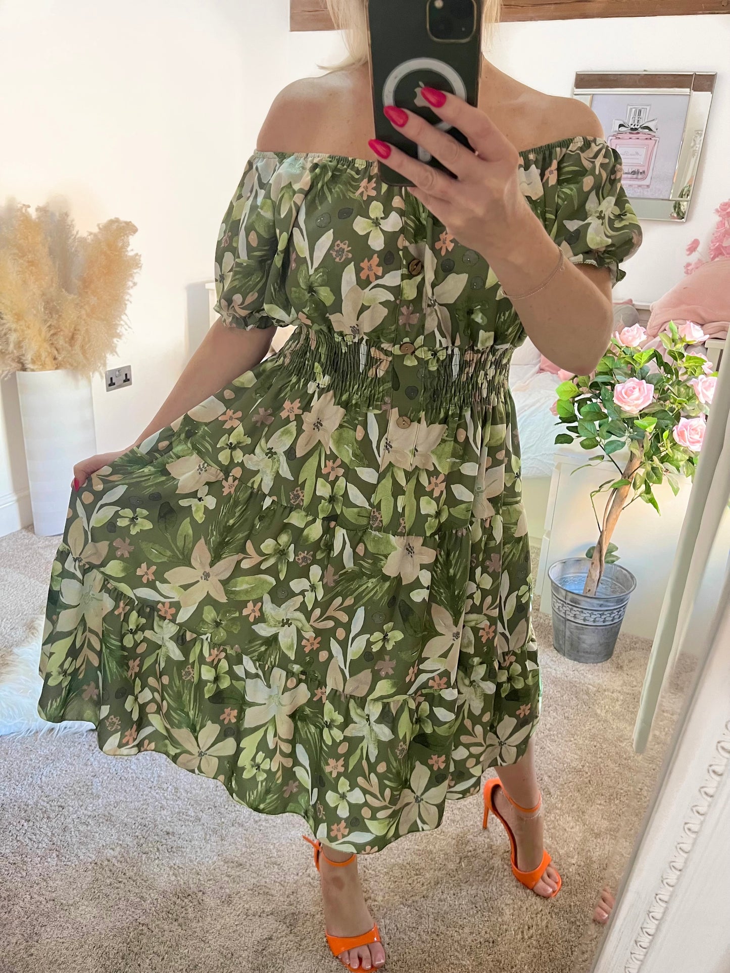 Magic Shirred Waist Dress - Sage Leaf Print