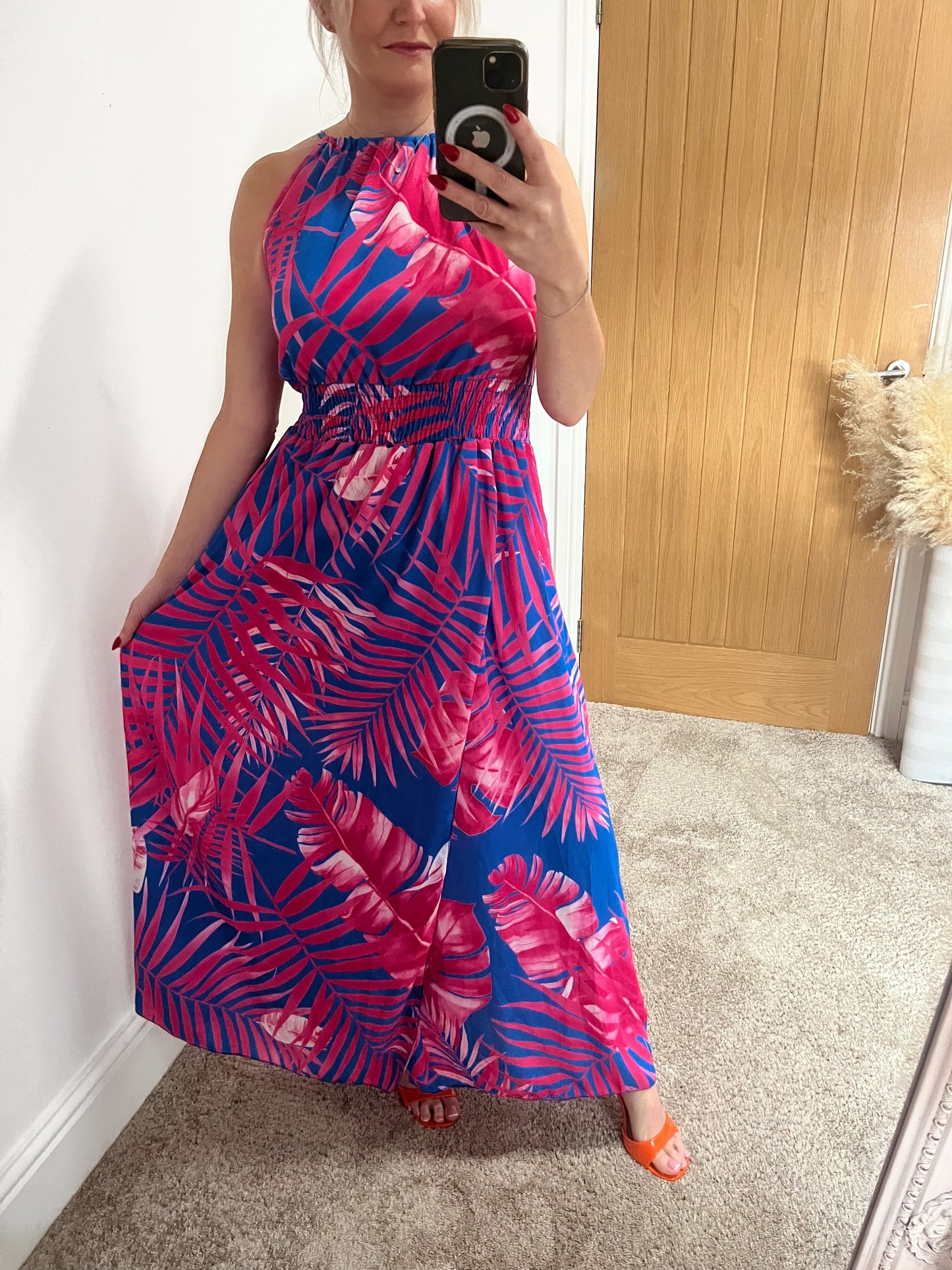 Fuschia Leaf Print Side Split Maxi Dress