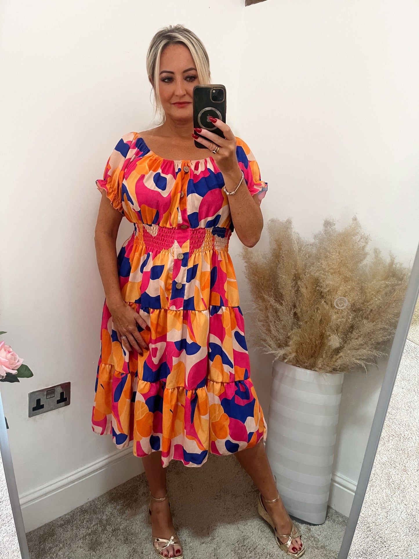Shirred Waist Magic Dress - Orange/Blue