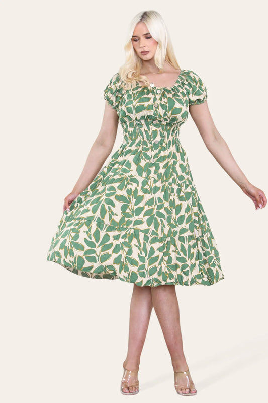 Shirred Waist Magic Dress - Green/Cream Leaf
