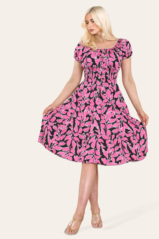 Shirred Waist Magic Dress - Pink/Black Leaf