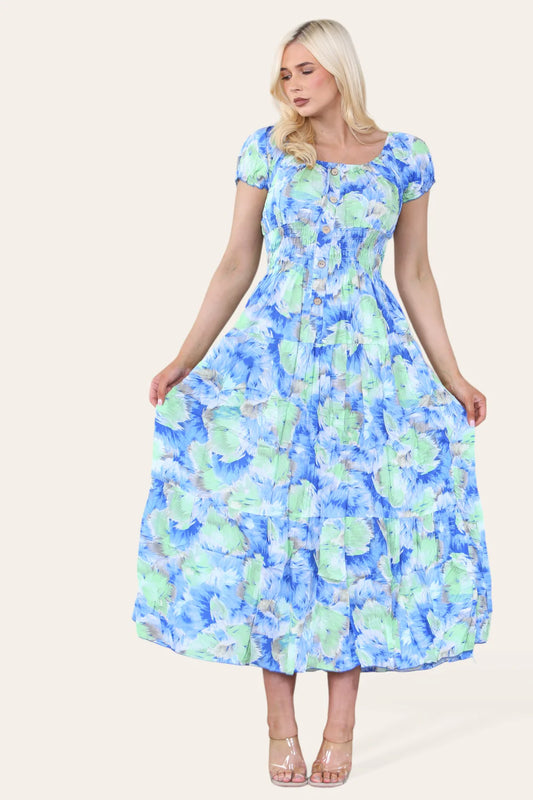 Shirred Waist Magic Dress - Maxi Blue/Green Floral