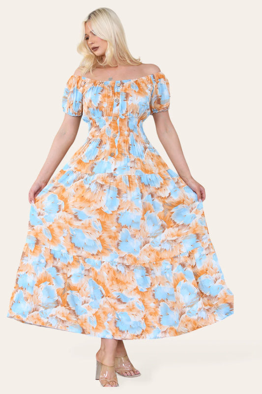 Shirred Waist Magic Dress - Maxi Aqua/Orange