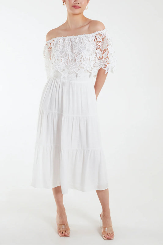 Laced Shirred Bardot Midi Dress
