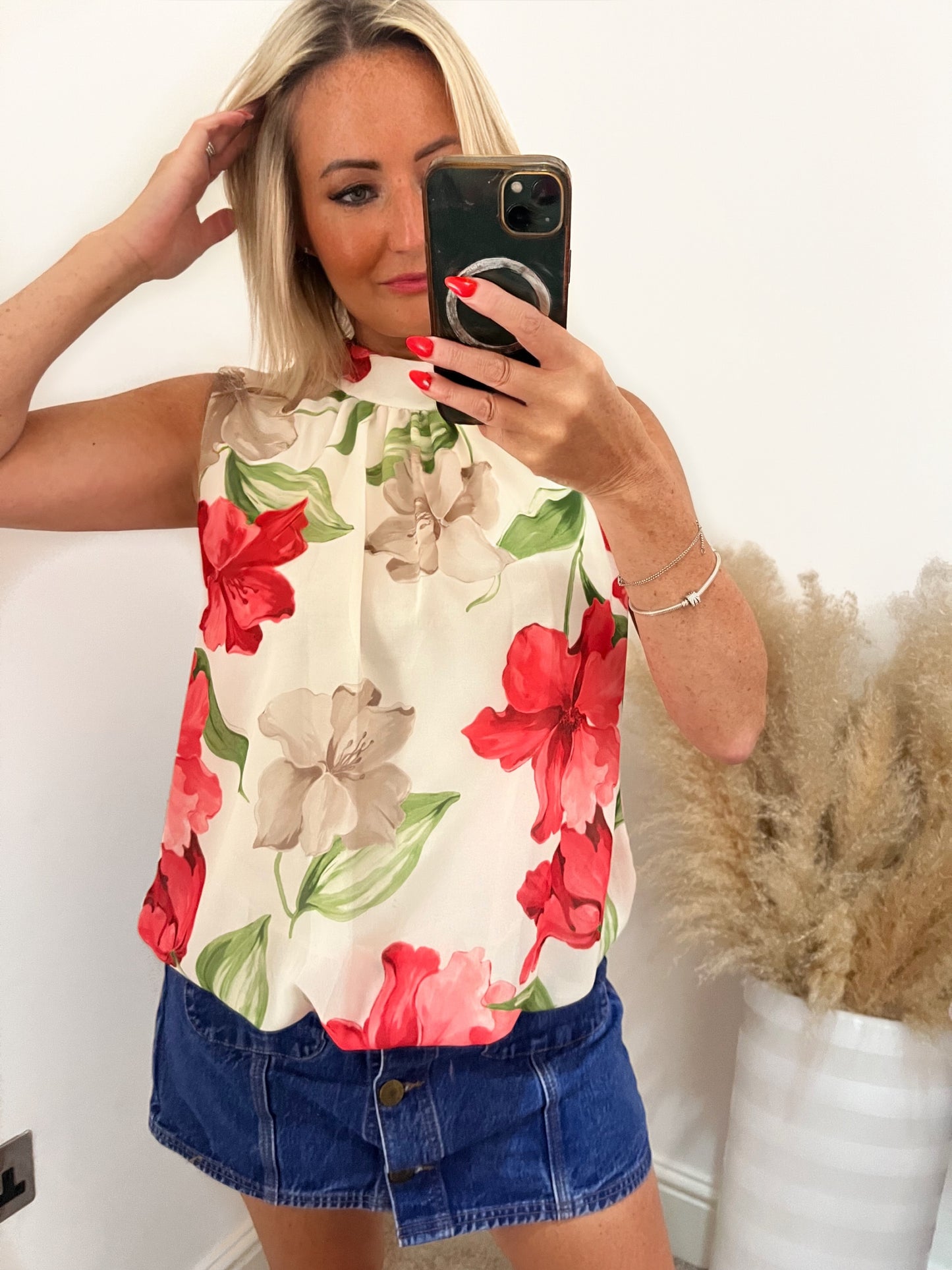 Floral Bubble Hem Blouse - PInk/White