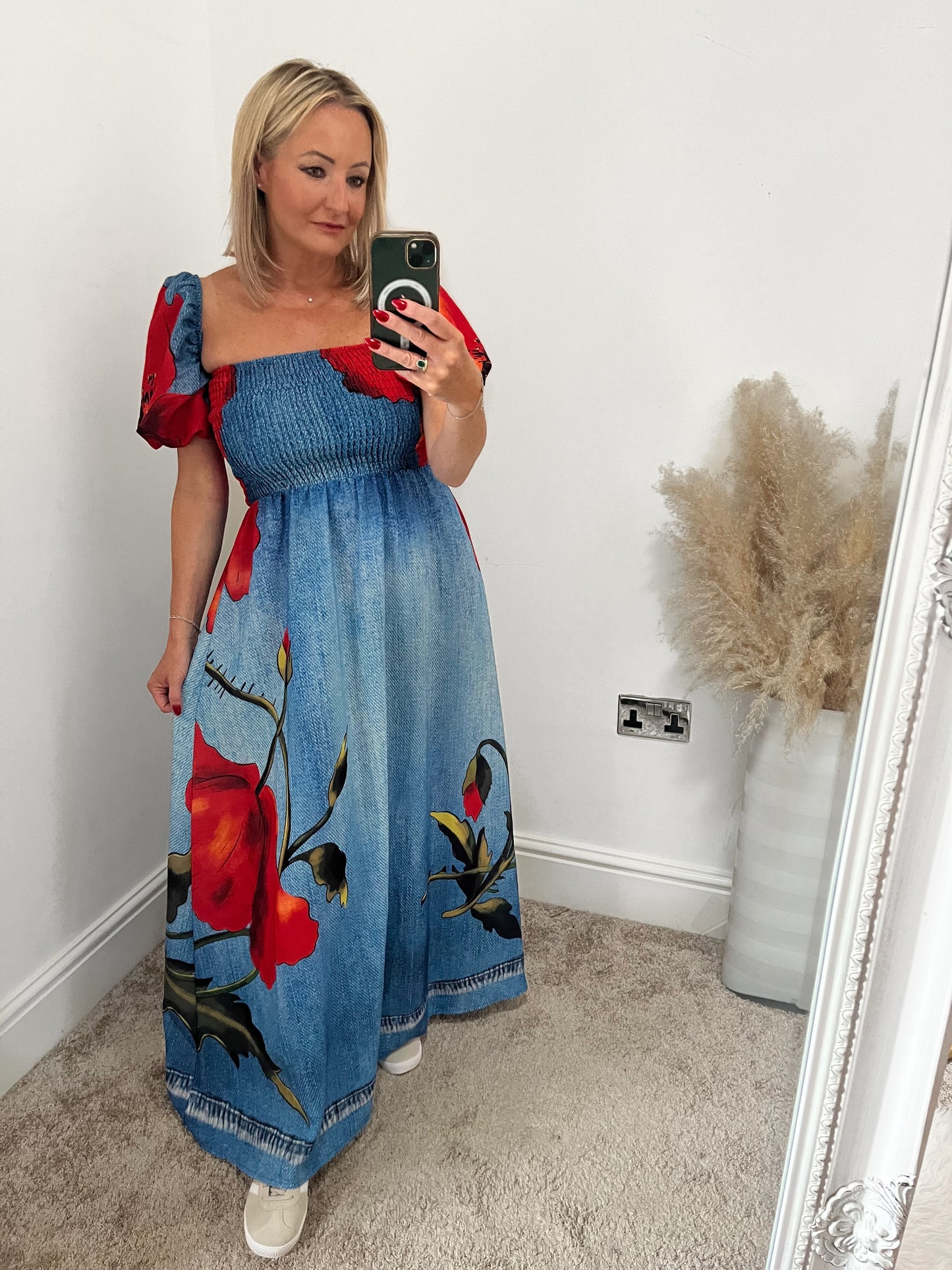 Princess Denim Shirred Chest Maxi Dress