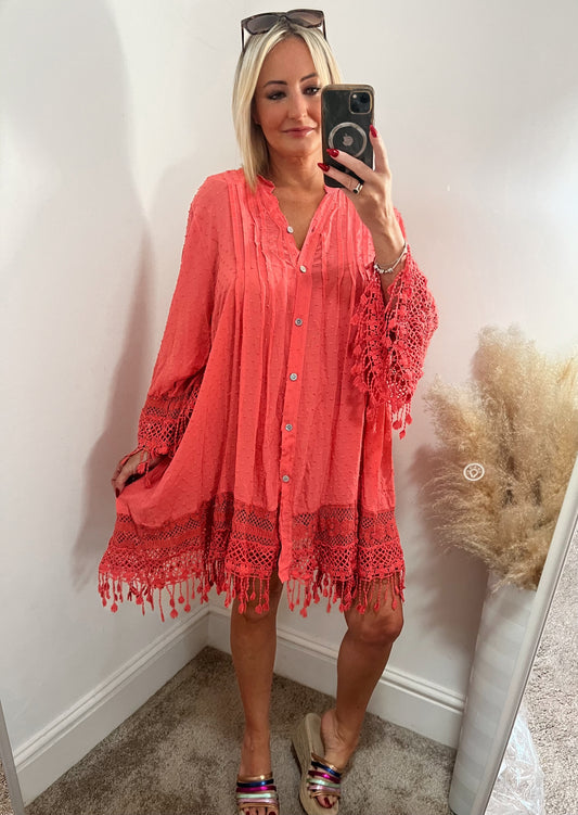 Boho Crochet Kaftan - Coral