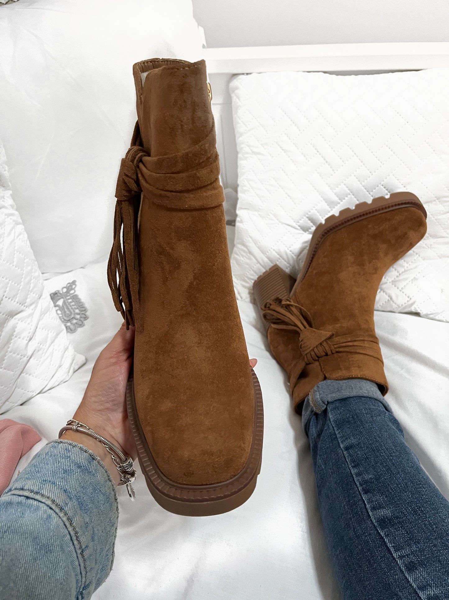 Tassel Chunky Suedette Block Boots - Camel