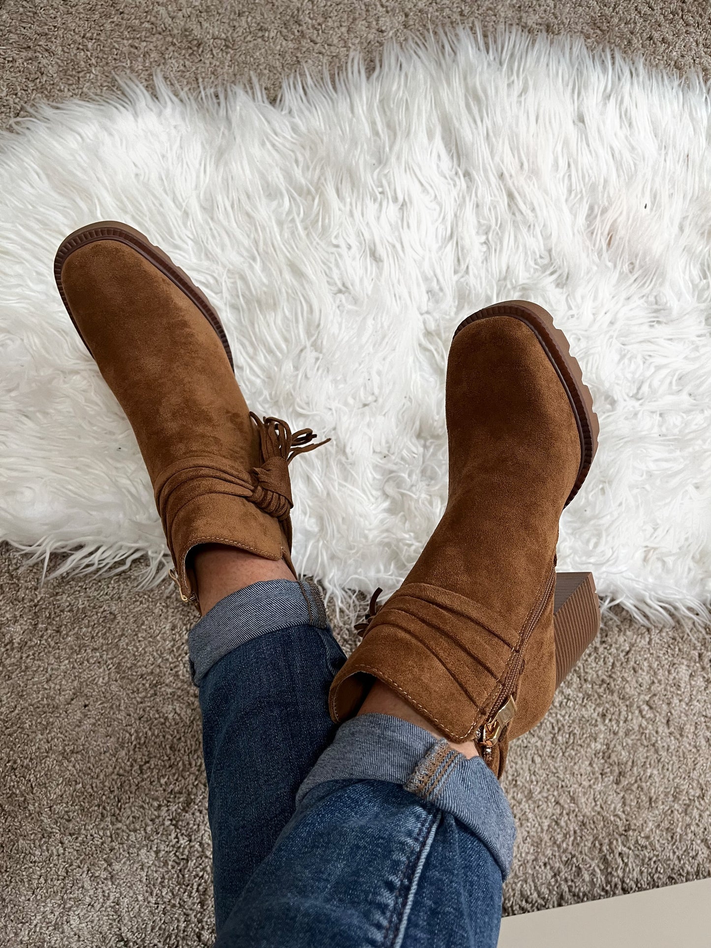 Tassel Chunky Suedette Block Boots - Camel