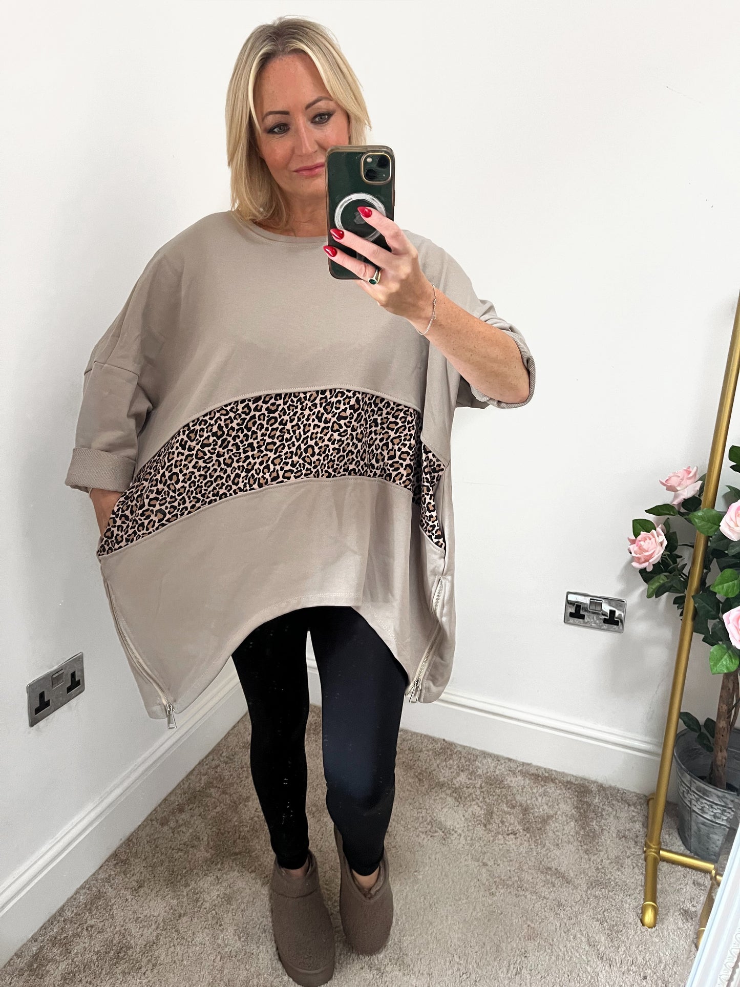 Oversized Leopard Trim Sweater - Taupe