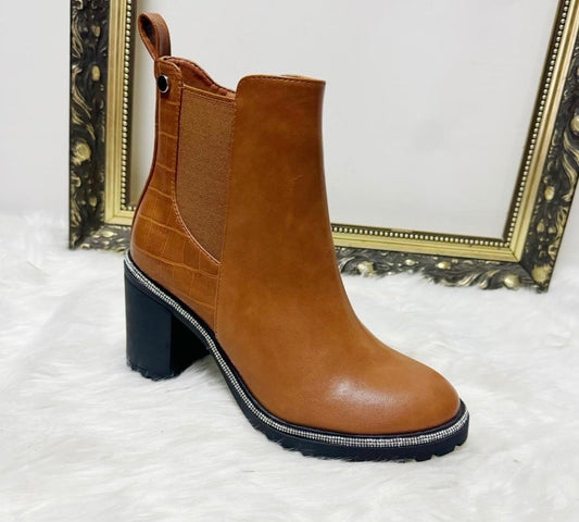 Tan Block Heel Ankle Boots