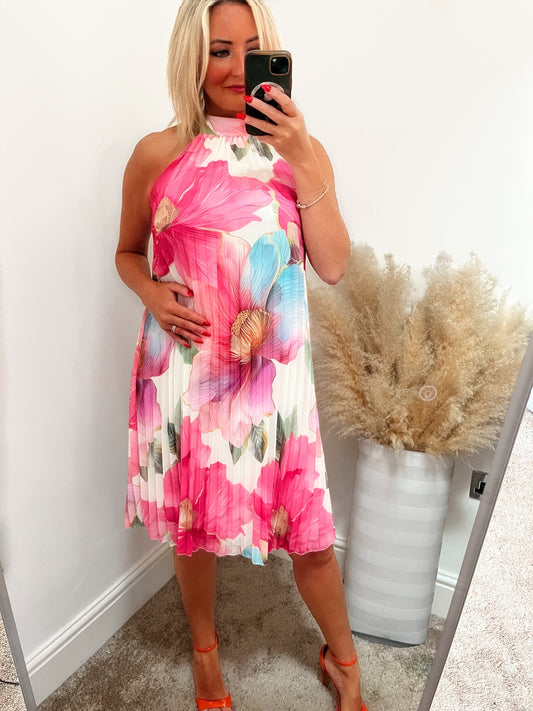 Pleated Chiffon Shift Dress - Rose