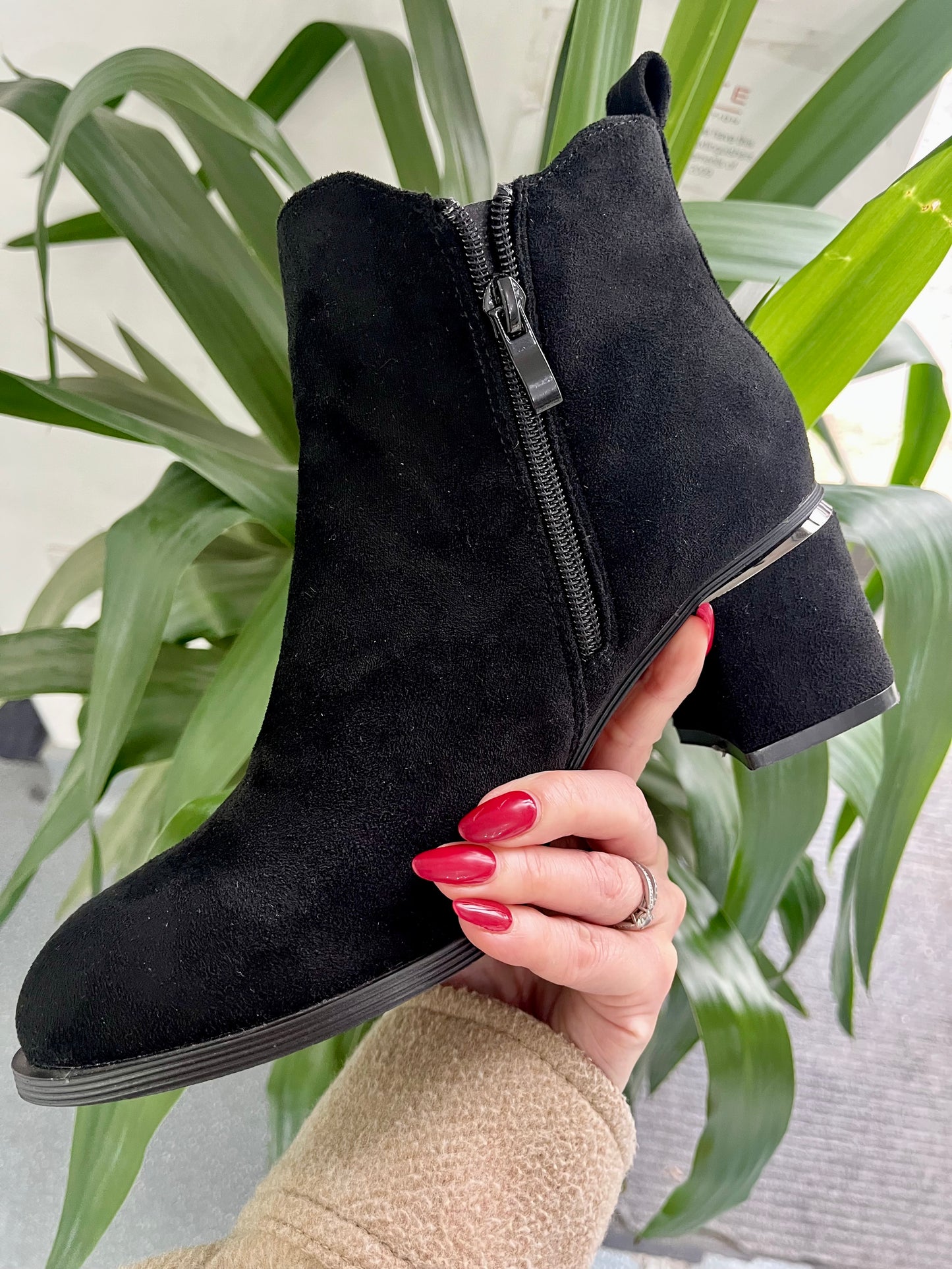 Suedette Block Heel Ankle Boots - Black