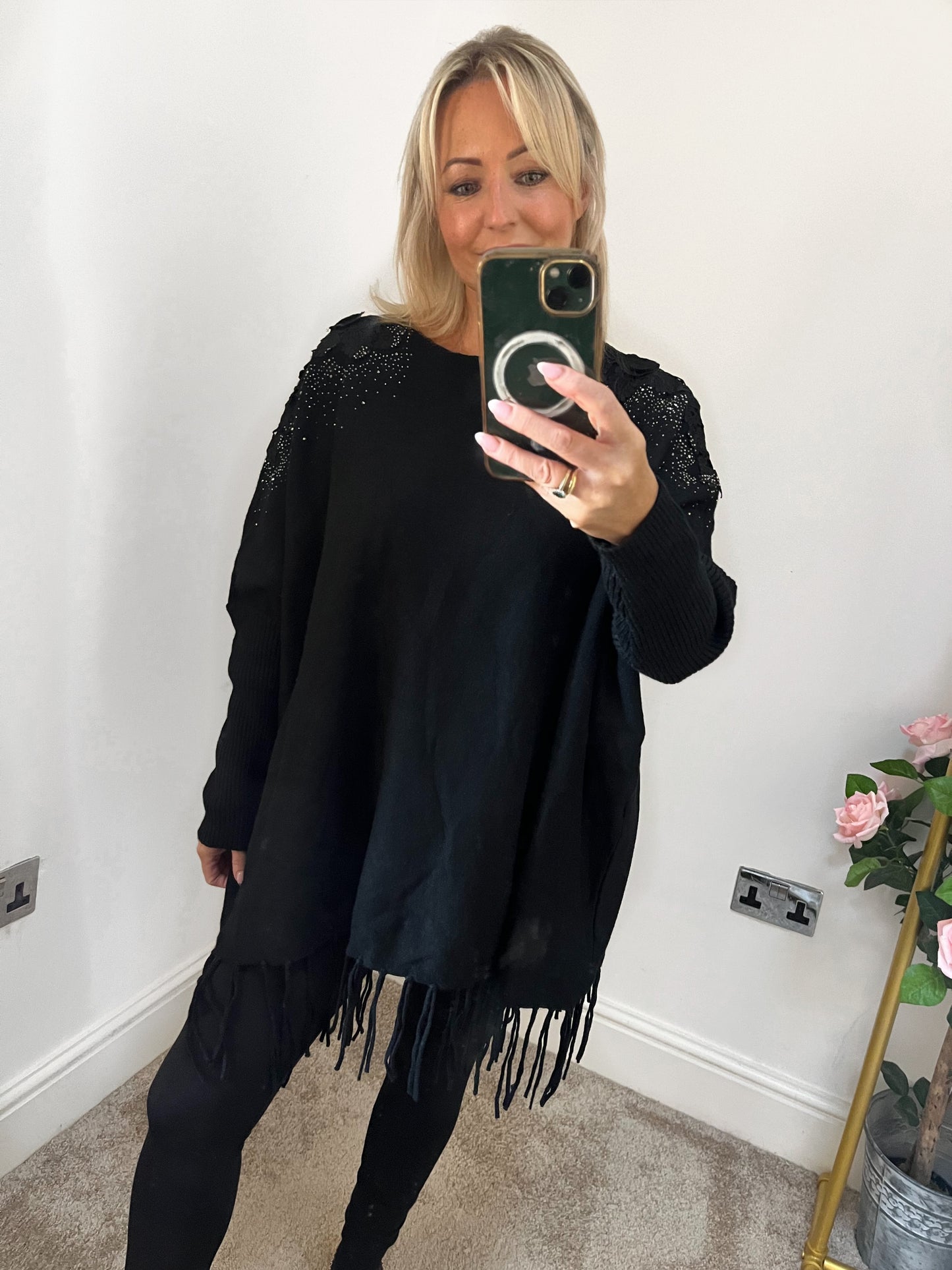 Black Diamante Embellished Tassel Jumper