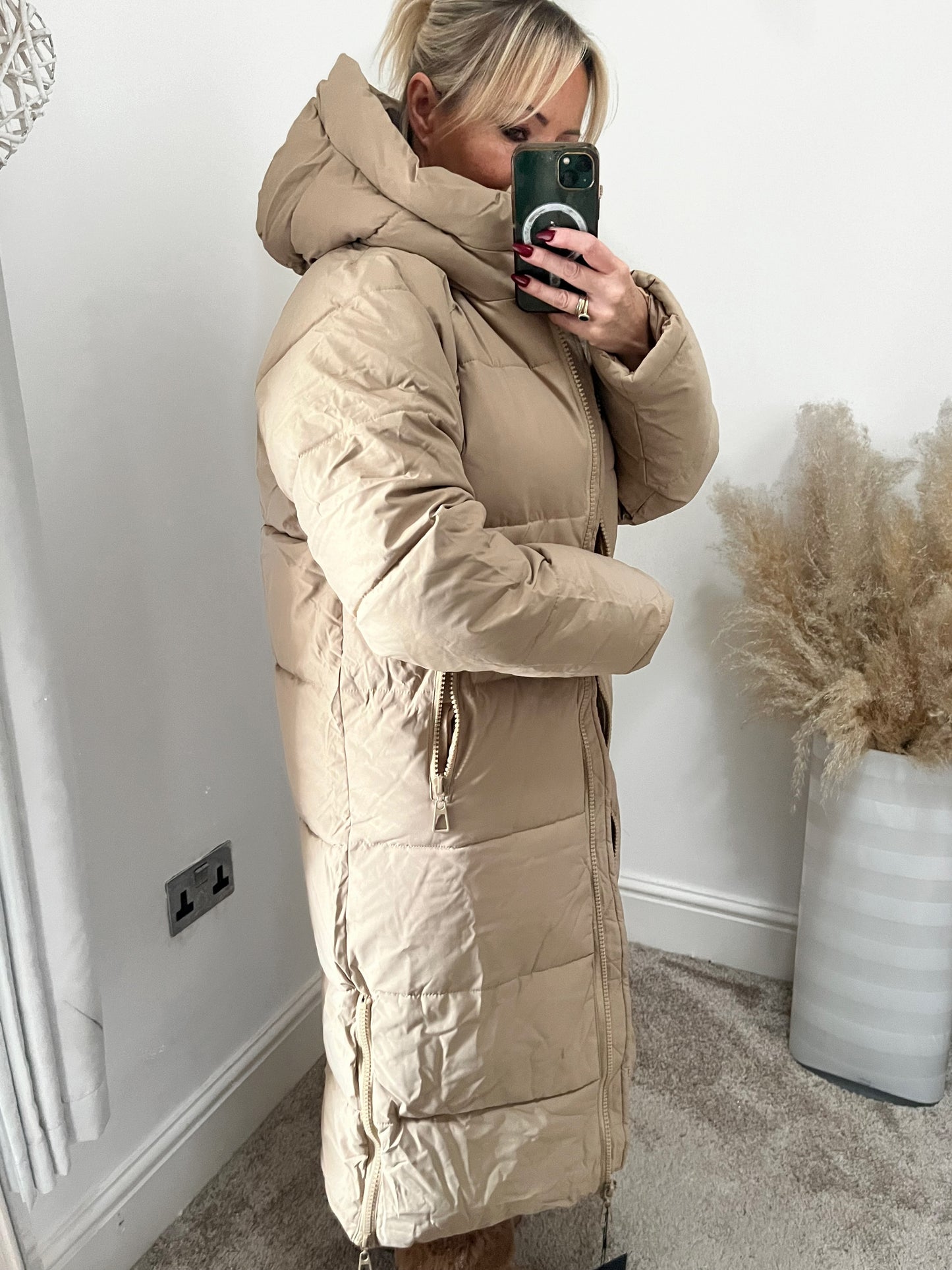 Insulated Quilted Long Coat - Beige