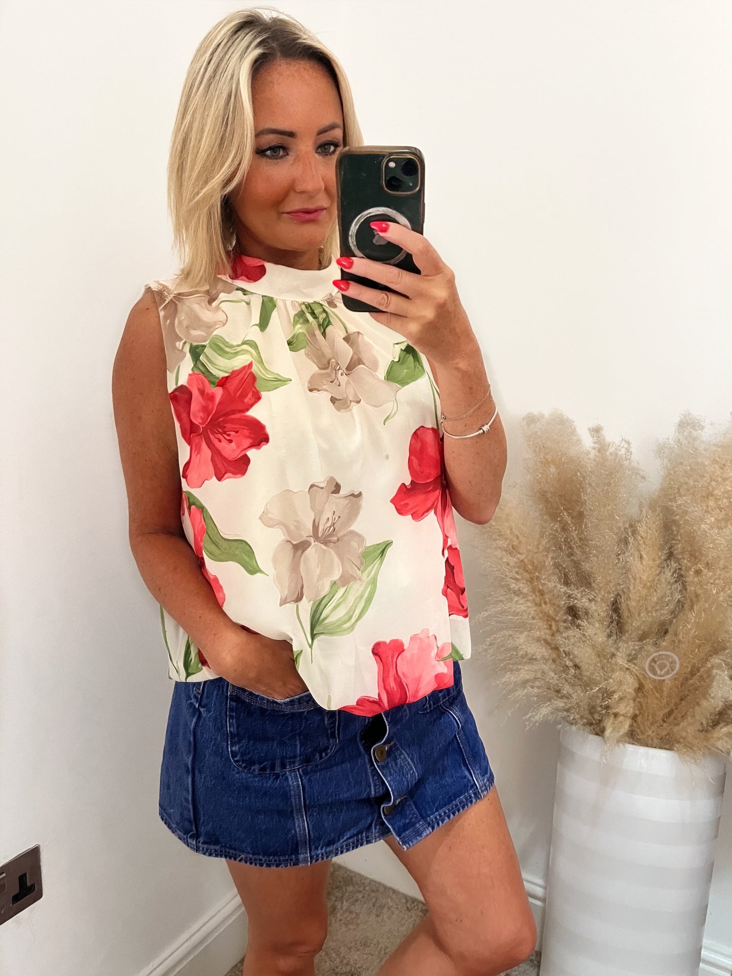 Floral Bubble Hem Blouse - PInk/White