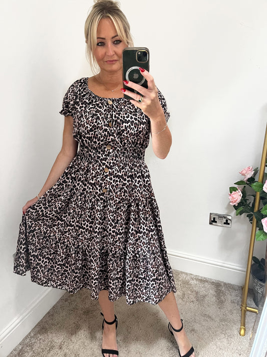 Leopard Shirred Waist Midi Dress