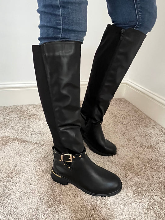 Black Knee High Buckle Boots - Wide Fit