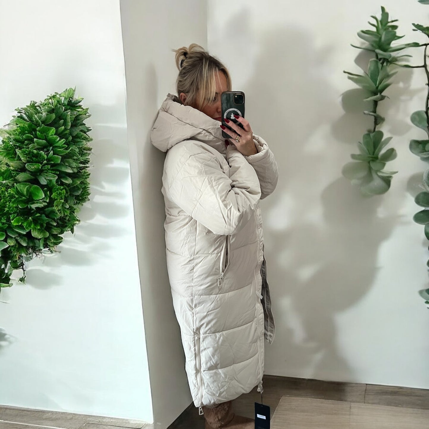 Insulated Long Quilted Coat - Cream