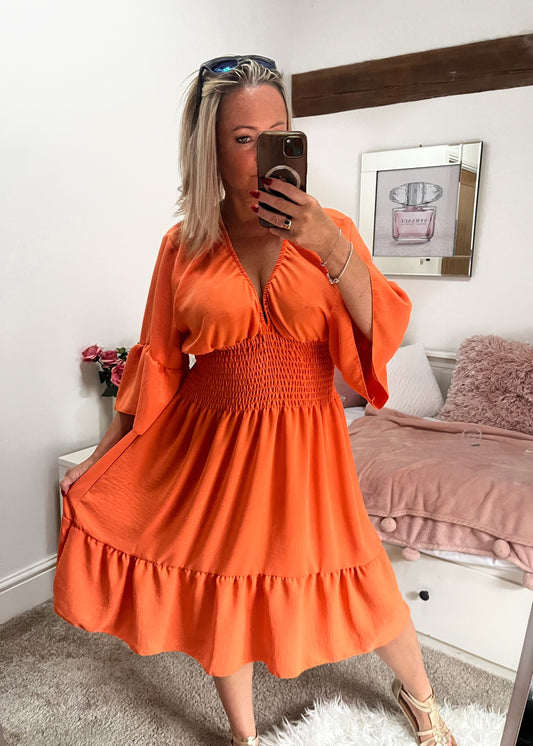 Orange Shirred Waist Belle Sleeve Dress