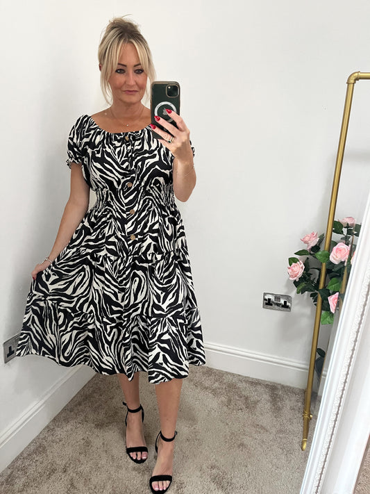 Zebra Shirred Waist Midi Dress