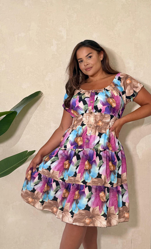 Shirred Waist Magic Dress - Purple/Black