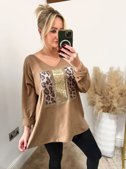 Leopard V Neck Diamante Sequin Knitted Top - Camel