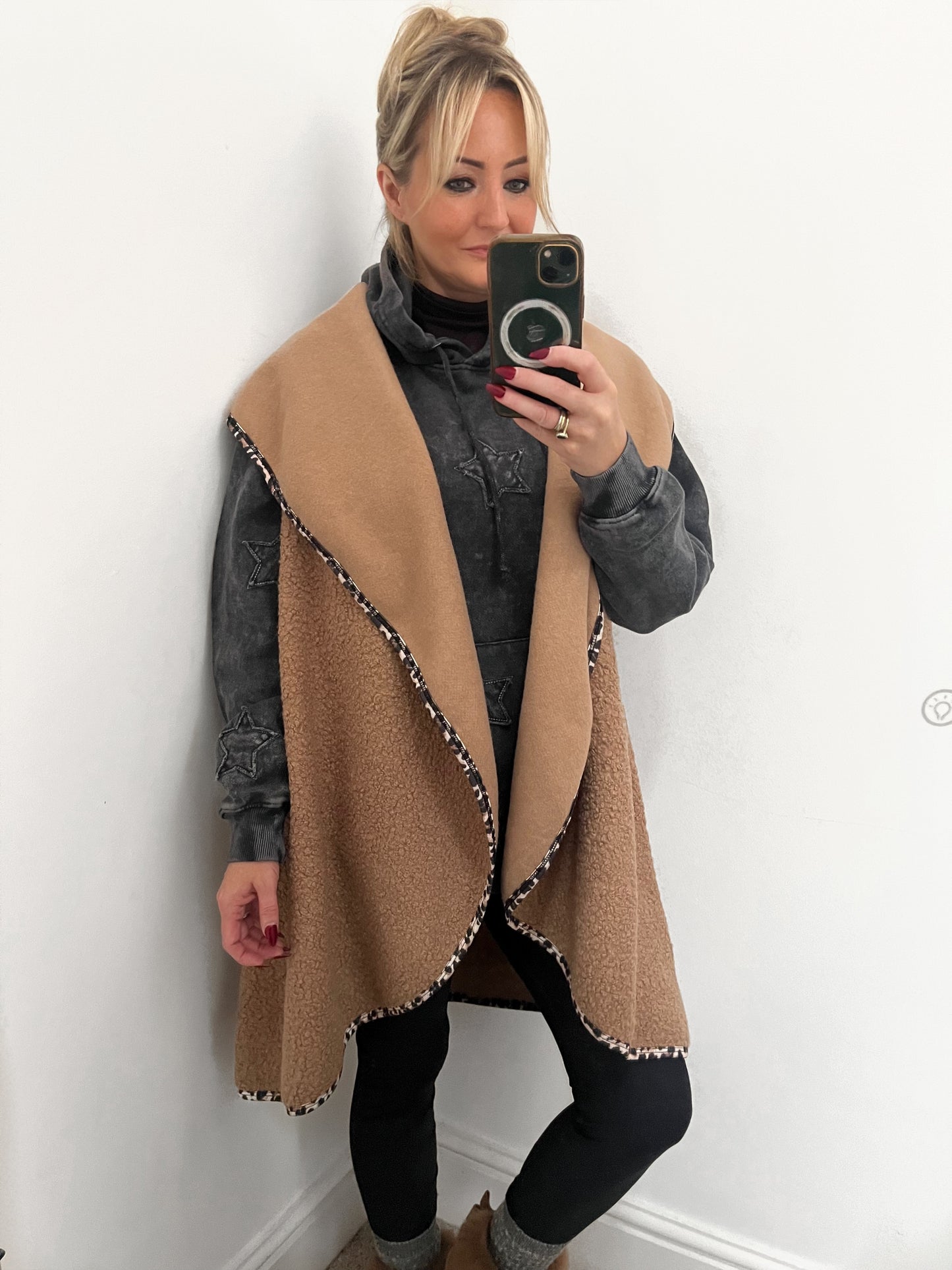 Tan Boucle Waterfall Gilet with Leopard Trim