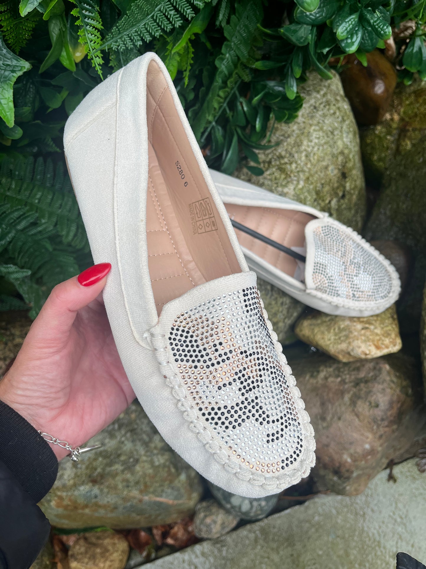 Beige Suedette Diamante Moccasins