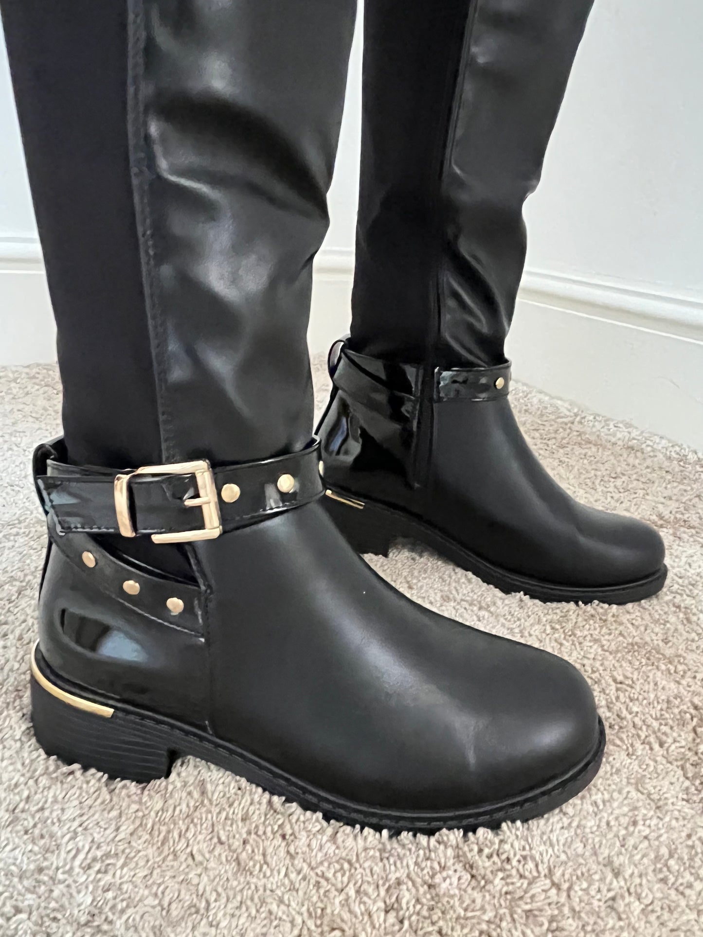 Black Knee High Buckle Boots - Wide Fit