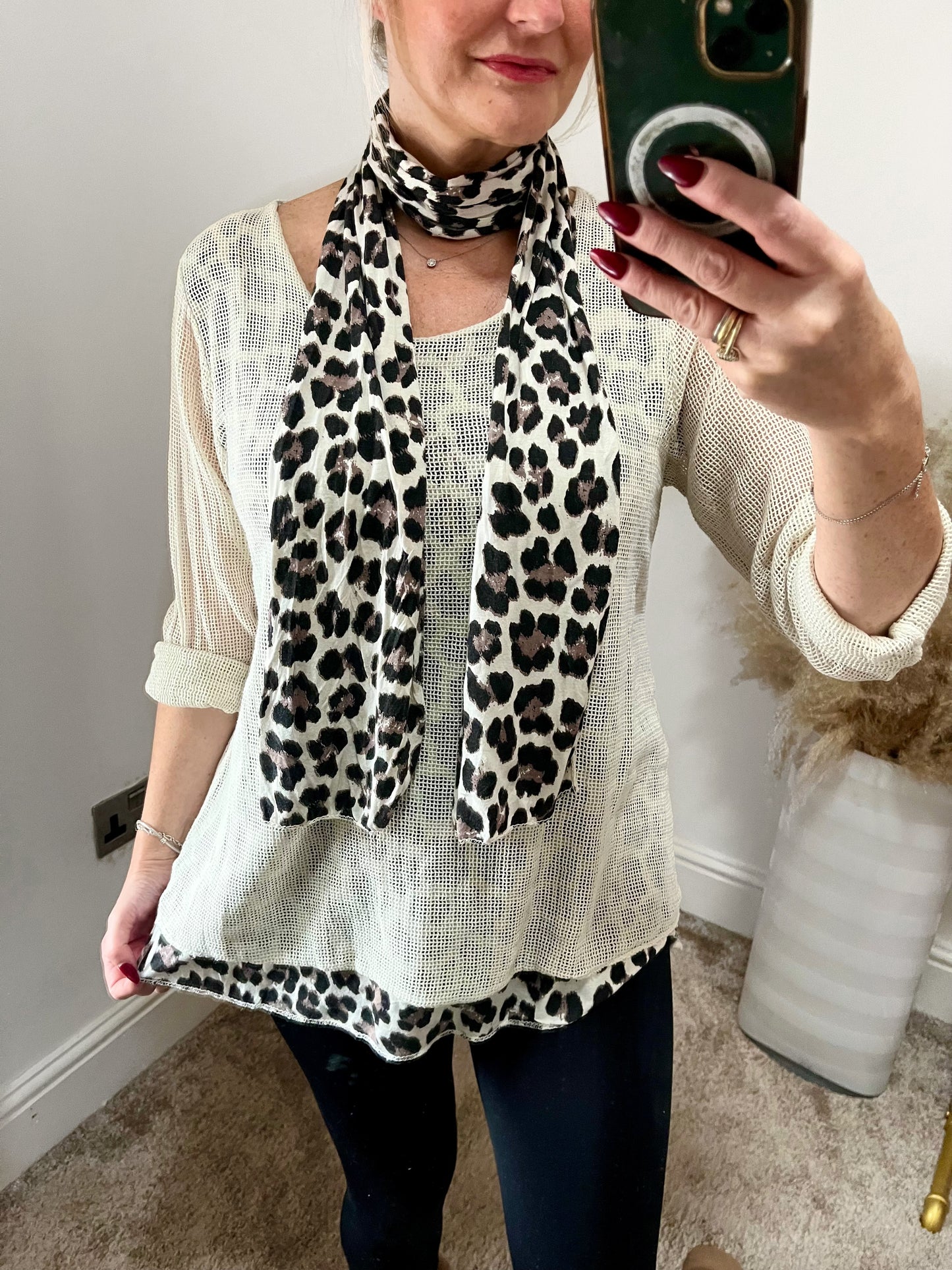 Double Layer Mesh Top with Leopard Scarf