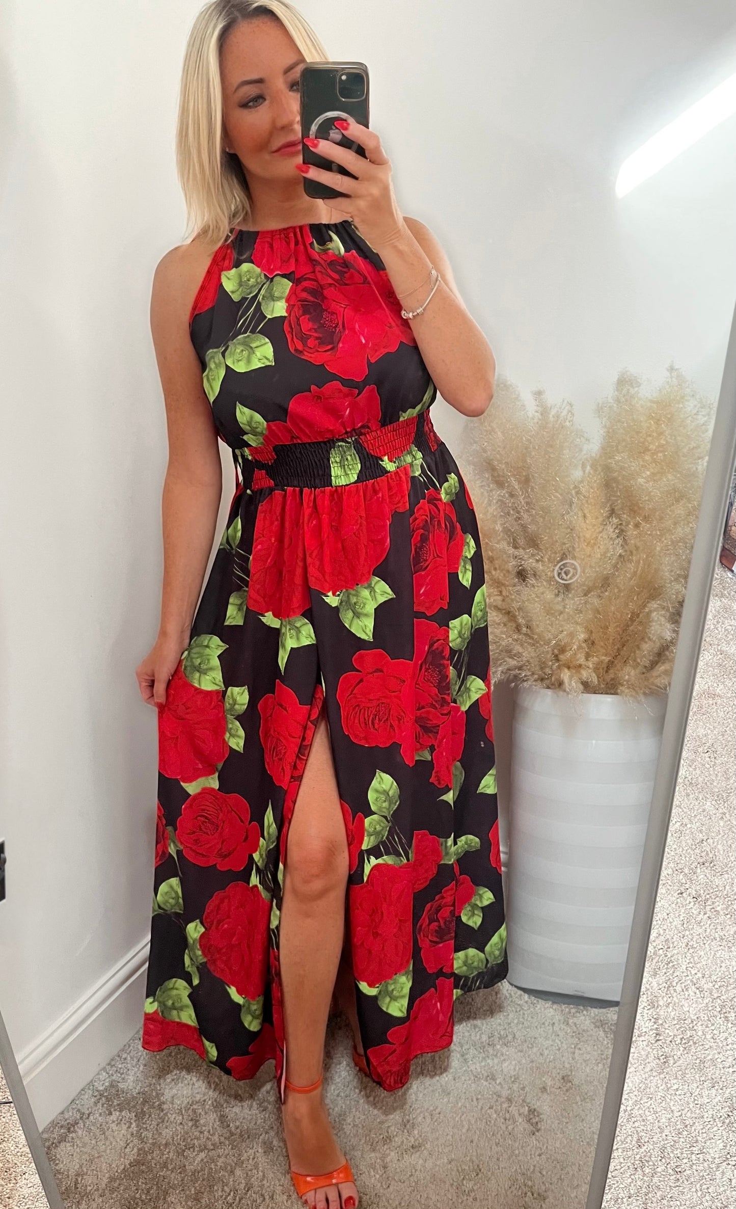 Red Flower Print Side Split Maxi Dress