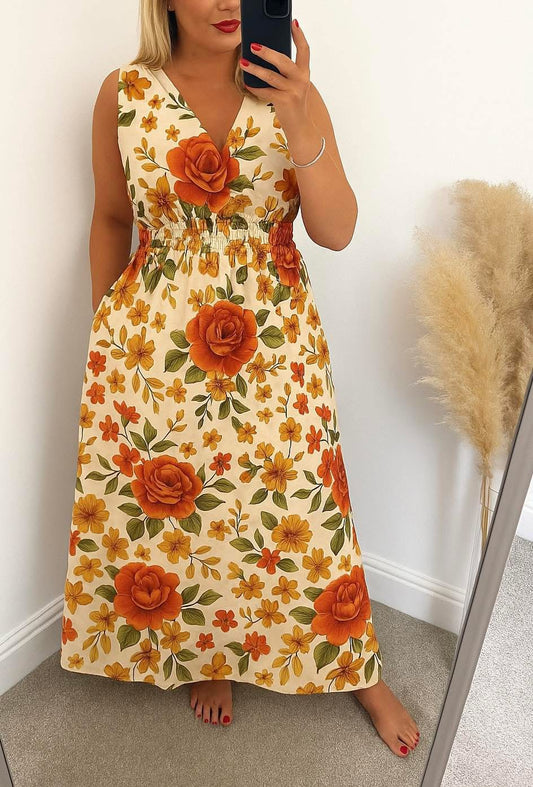 PRE-ORDER Plus Size FLoral  Maxi Shirred Waist Dress