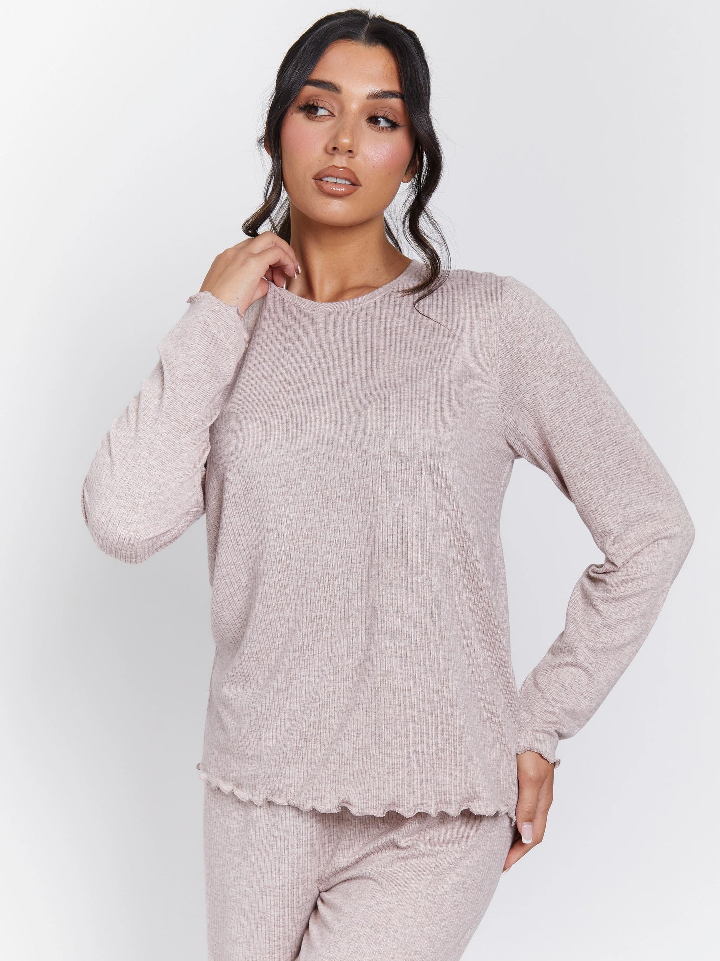 Taupe Marl Brushed Rib Long Sleeve Top And Trouser Set