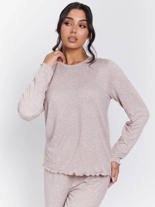 Taupe Marl Brushed Rib Long Sleeve Top And Trouser Set