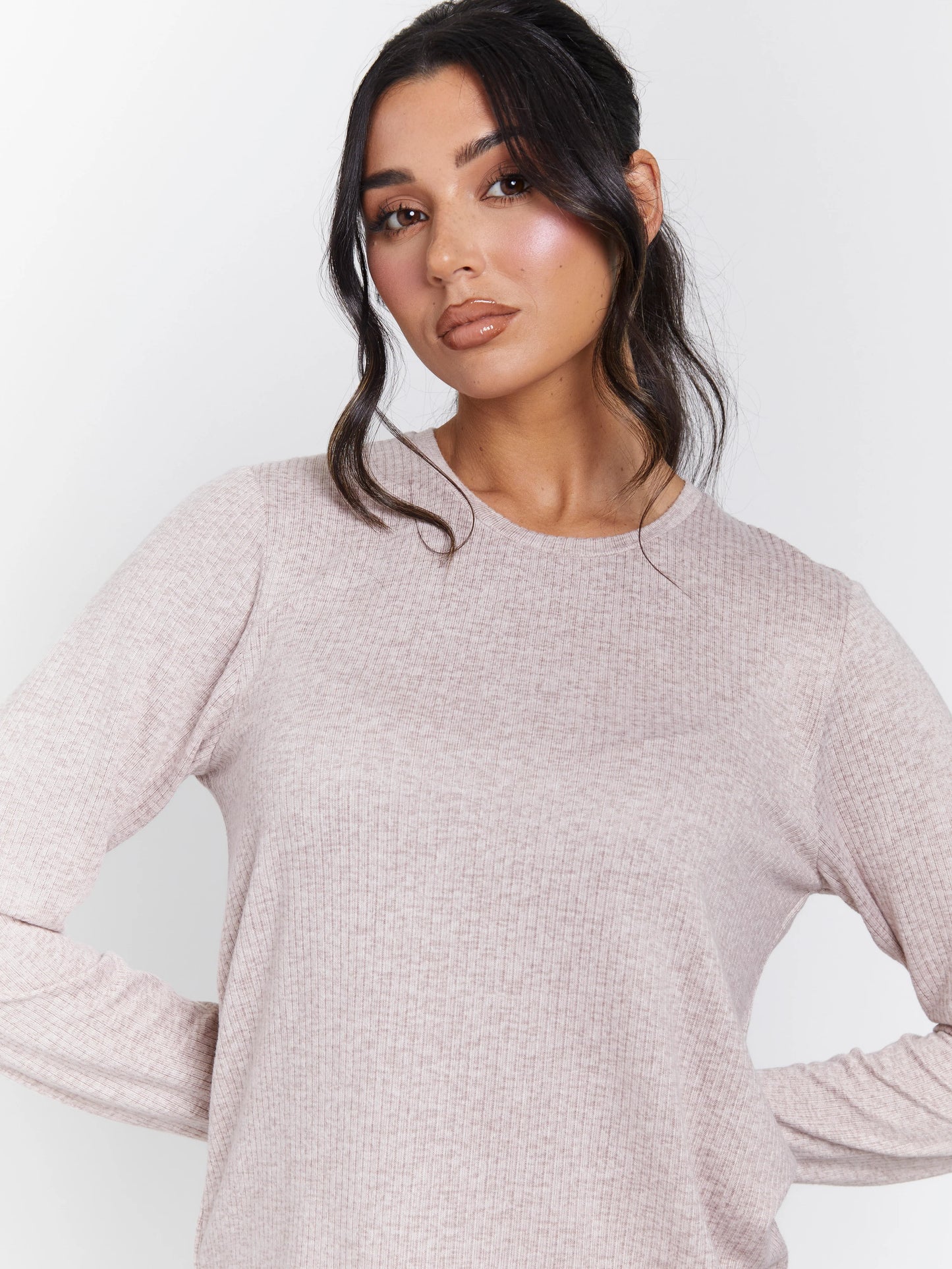 Taupe Marl Brushed Rib Long Sleeve Top And Trouser Set