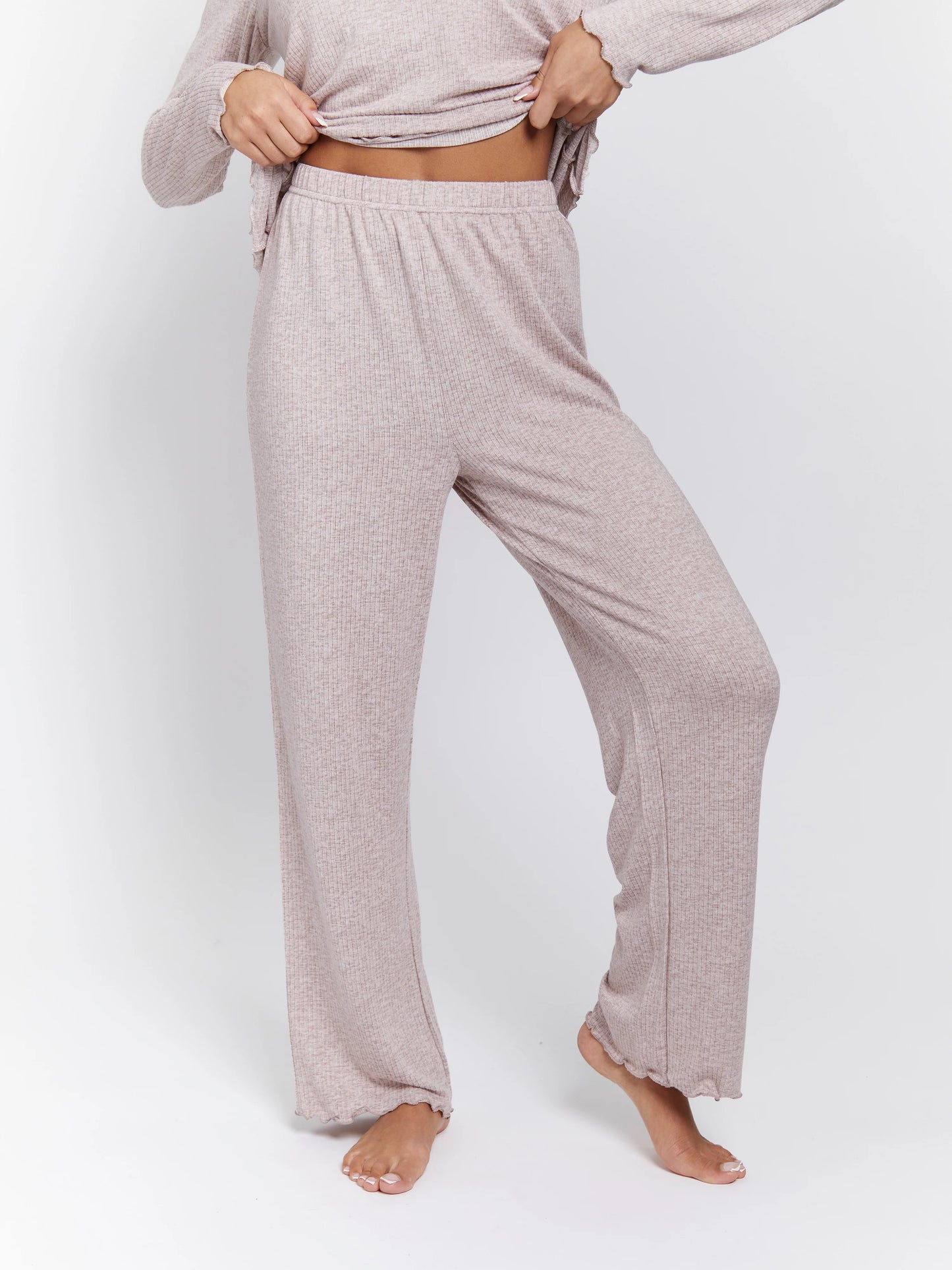 Taupe Marl Brushed Rib Long Sleeve Top And Trouser Set