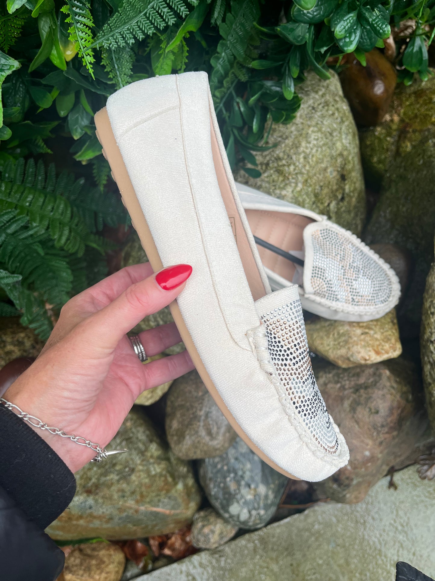 Beige Suedette Diamante Moccasins