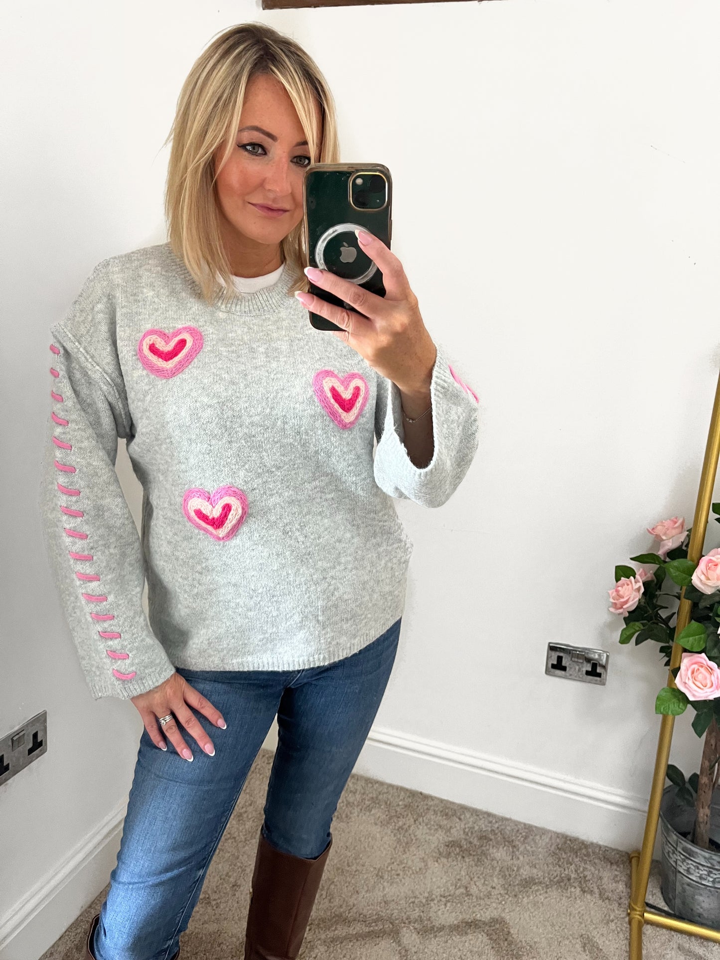 Pink Heart Jumper - Light Grey