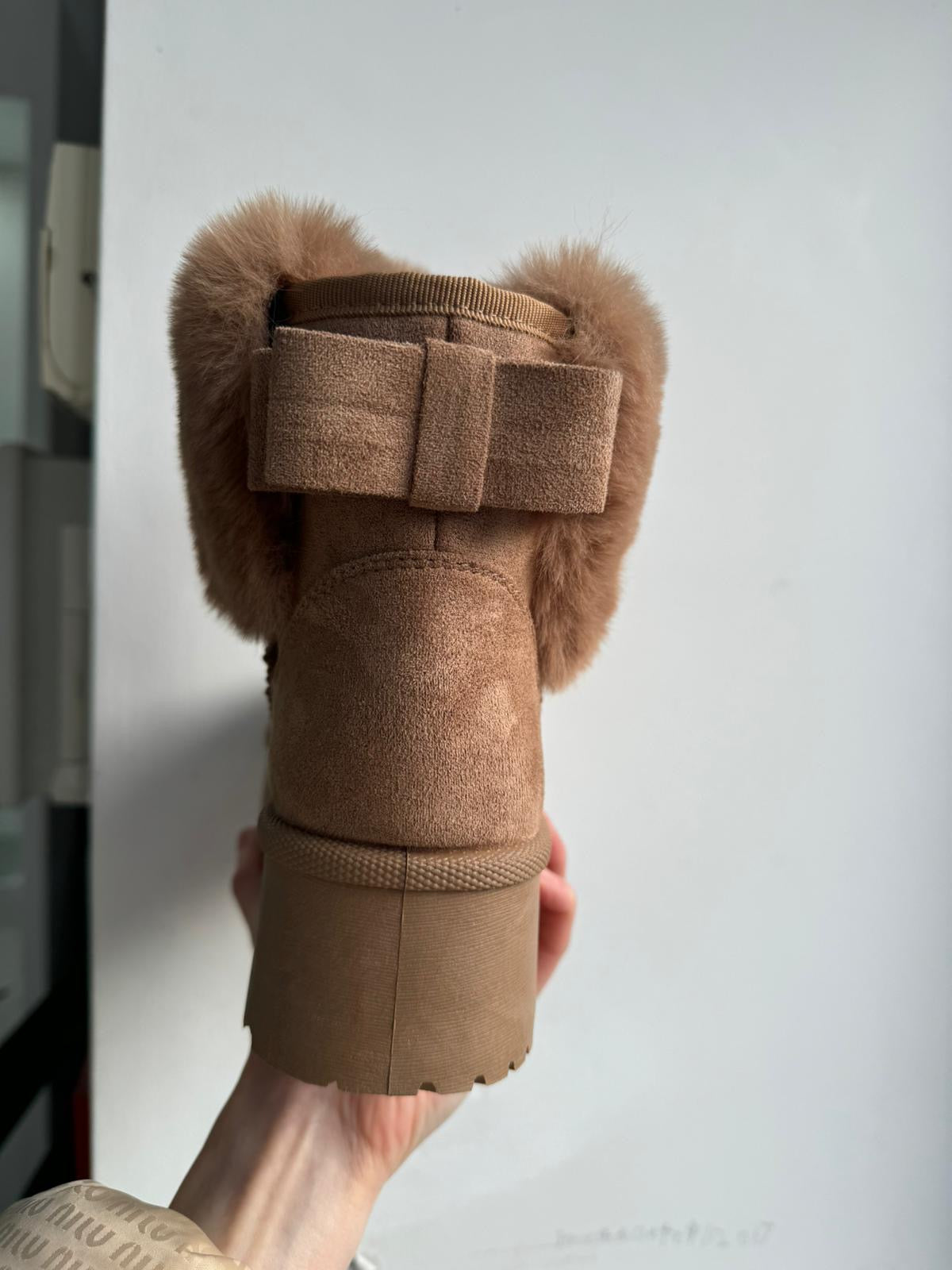 Beige Chunky Back Bow Slipper Boots -Beige