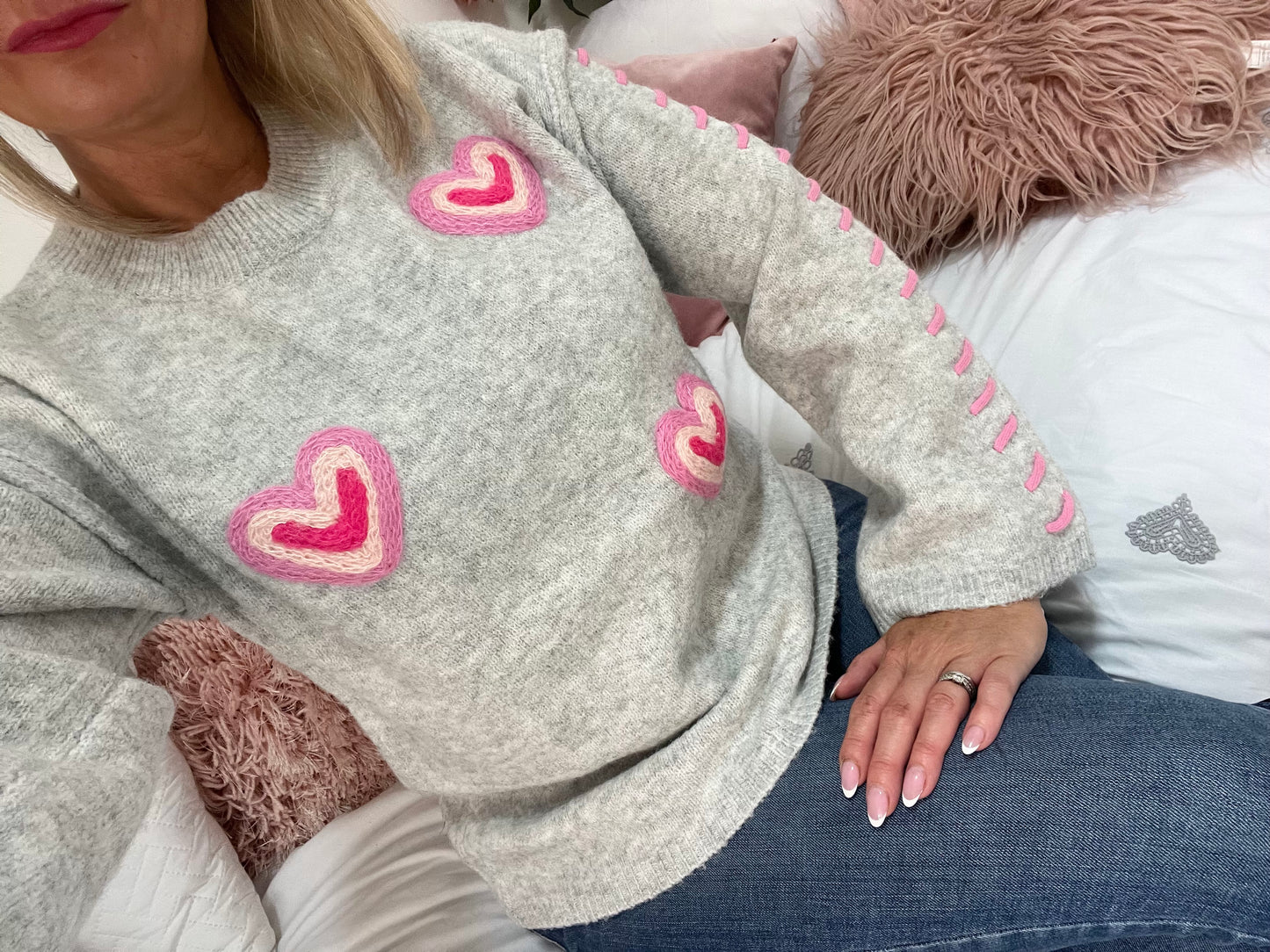 Pink Heart Jumper - Light Grey