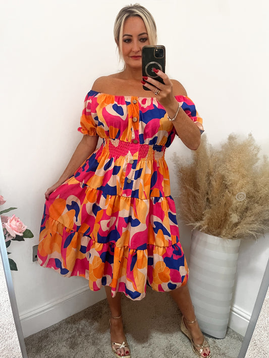 Shirred Waist Magic Dress - Orange/Blue