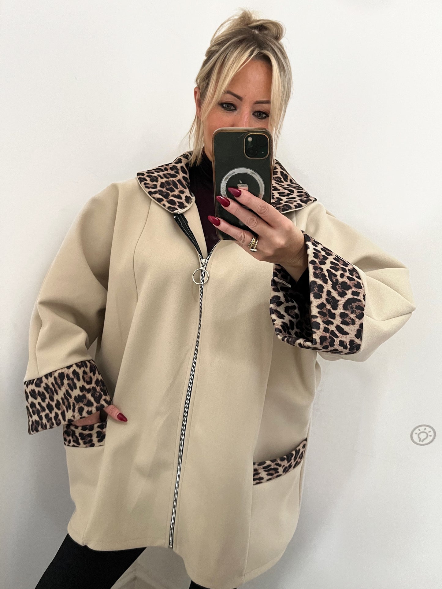 Leopard Trim Coatigan - Cream