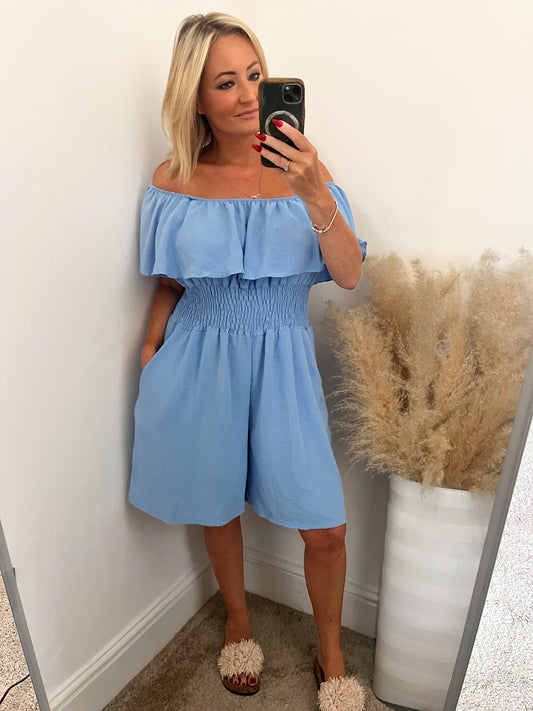 Bardot On/Off Shoulder Playsuit -  Powder Blue