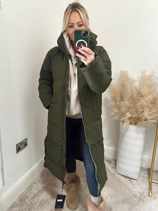 Insulated Quilted Long Coat - Khaki